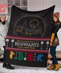 Rd Rather Stay At Hogwarts Ugly Christmas Harry Potter Fleece Blanket