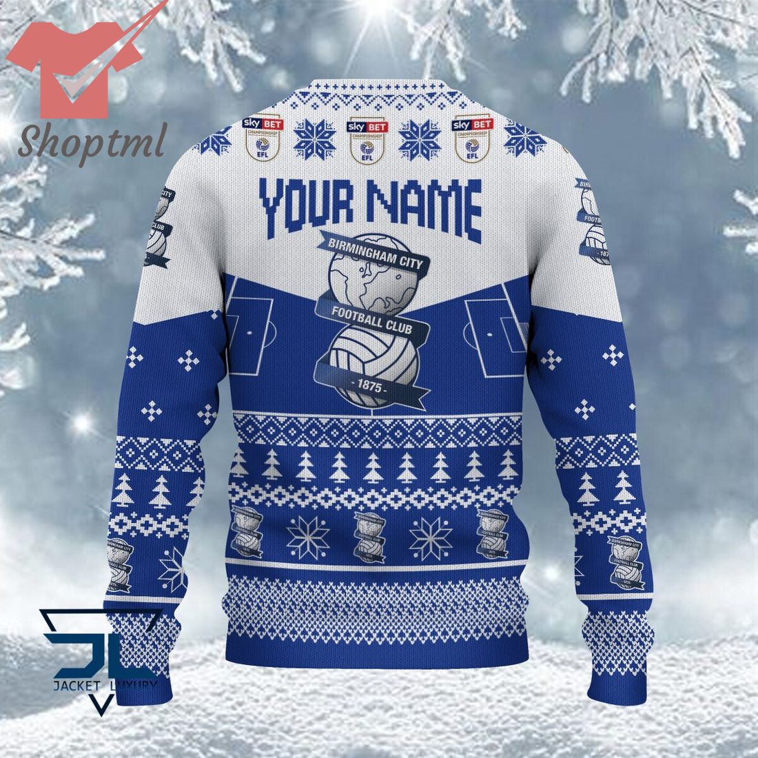 Birmingham City FC EFL Logo Snowflakes Custom Name Ugly Sweater Christmas
