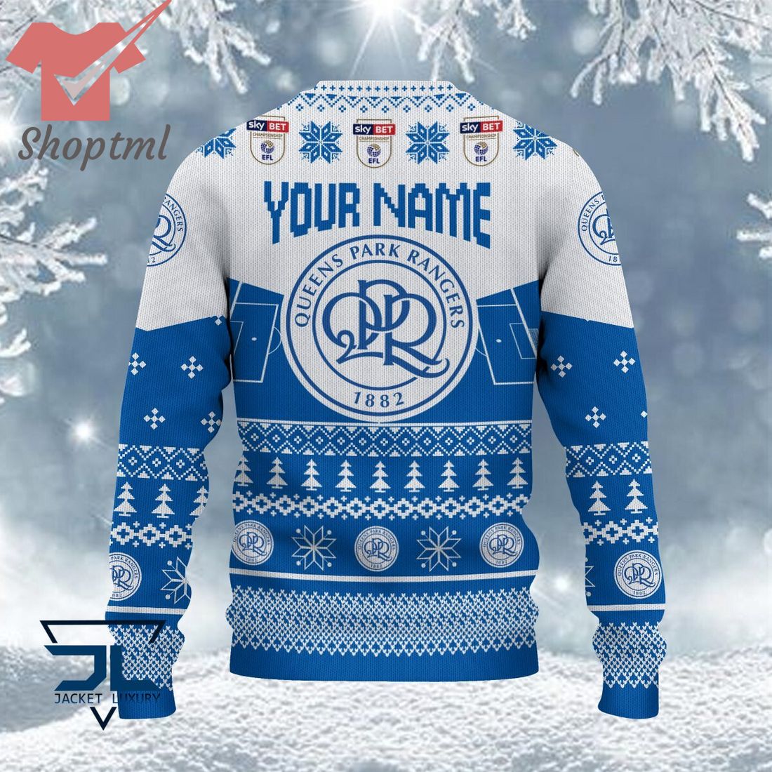 Queens Park Rangers EFL Logo Snowflakes Custom Name Ugly Sweater Christmas