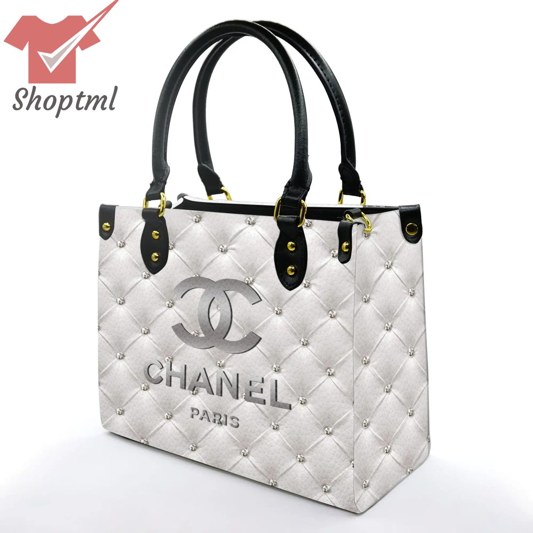 Chanel Paris Black Strap Grey Background Leather Handbag