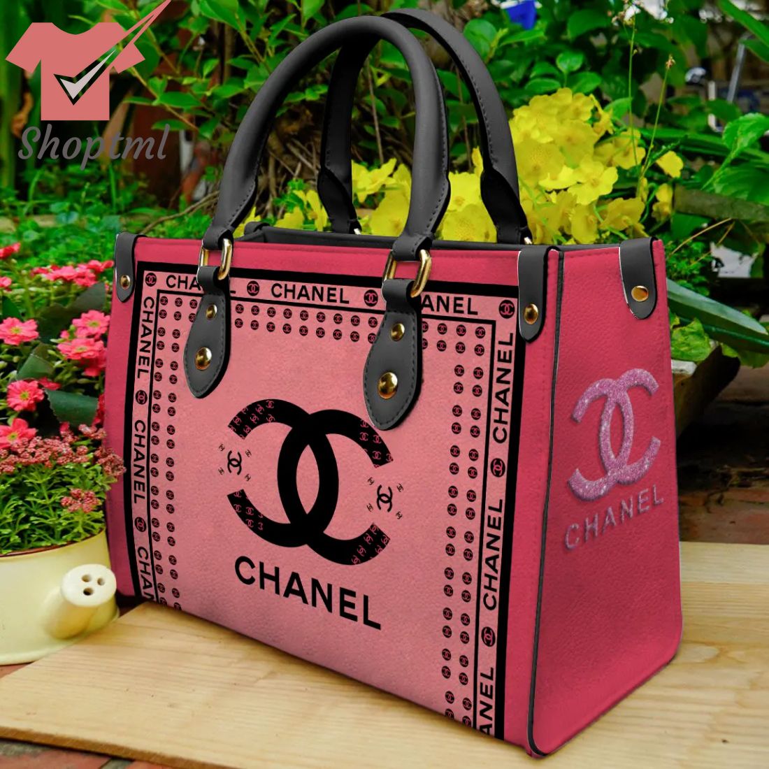 Chanel Pink Women Black Strap Leather Handbag
