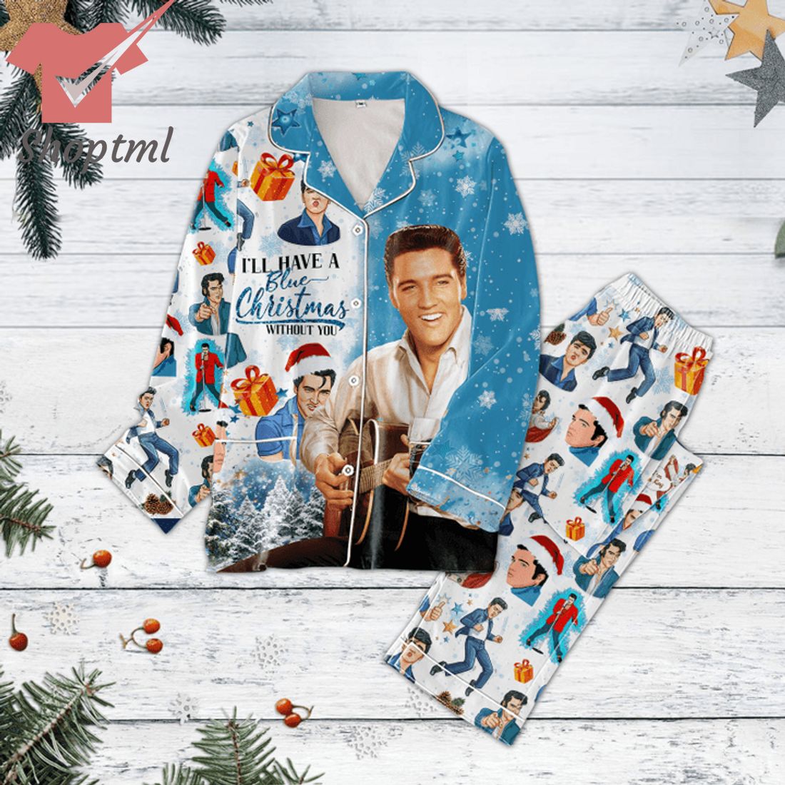 Elvis Presley Santa Hat I'll Have A Blue Christmas Pajamas Set