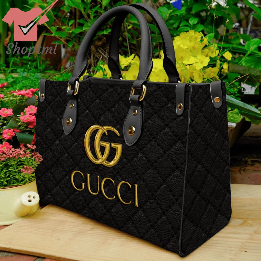 Gucci Gold Logo All Black Luxury Leather Handbag