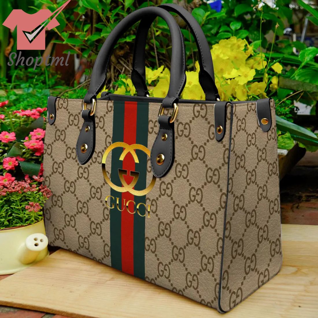 Gucci Gold Logo Luxury Stripes Lines Leather Handbag