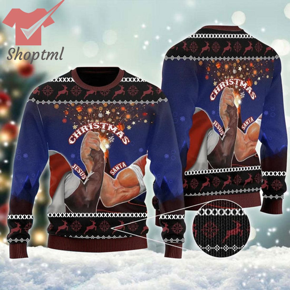 Santa And Jesus Arm Wrestling Ugly Christmas Sweater