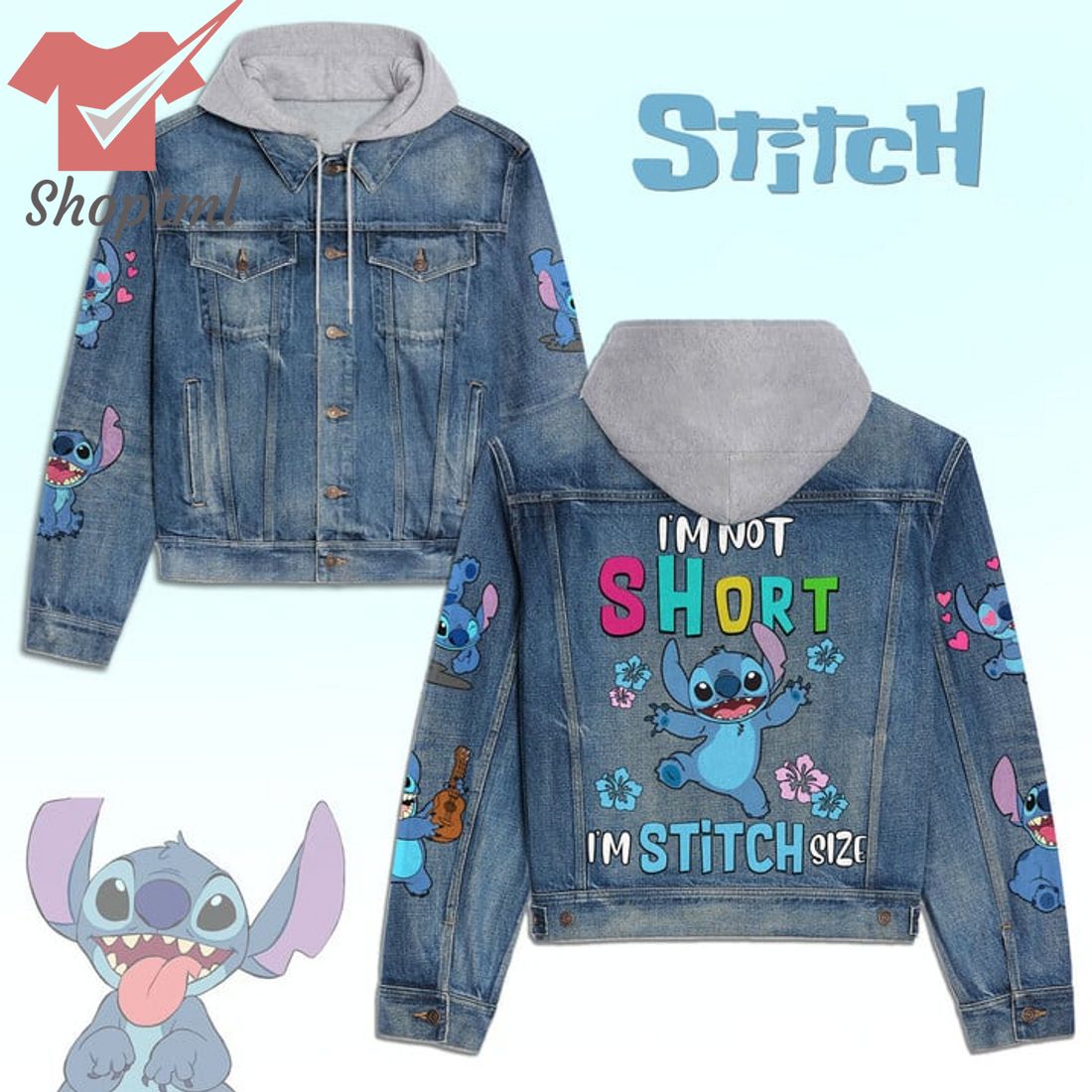 Stitch I'm Not Short Size Hooded Denim Jacket