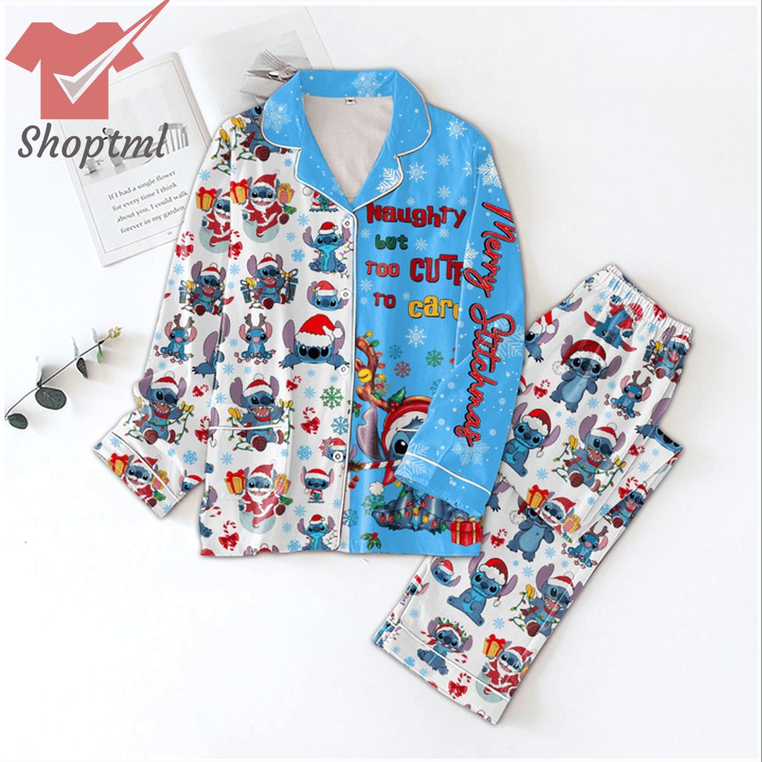 Stitch Santa Hat Naughty But Too Cute To Care Christmas Pajamas Set