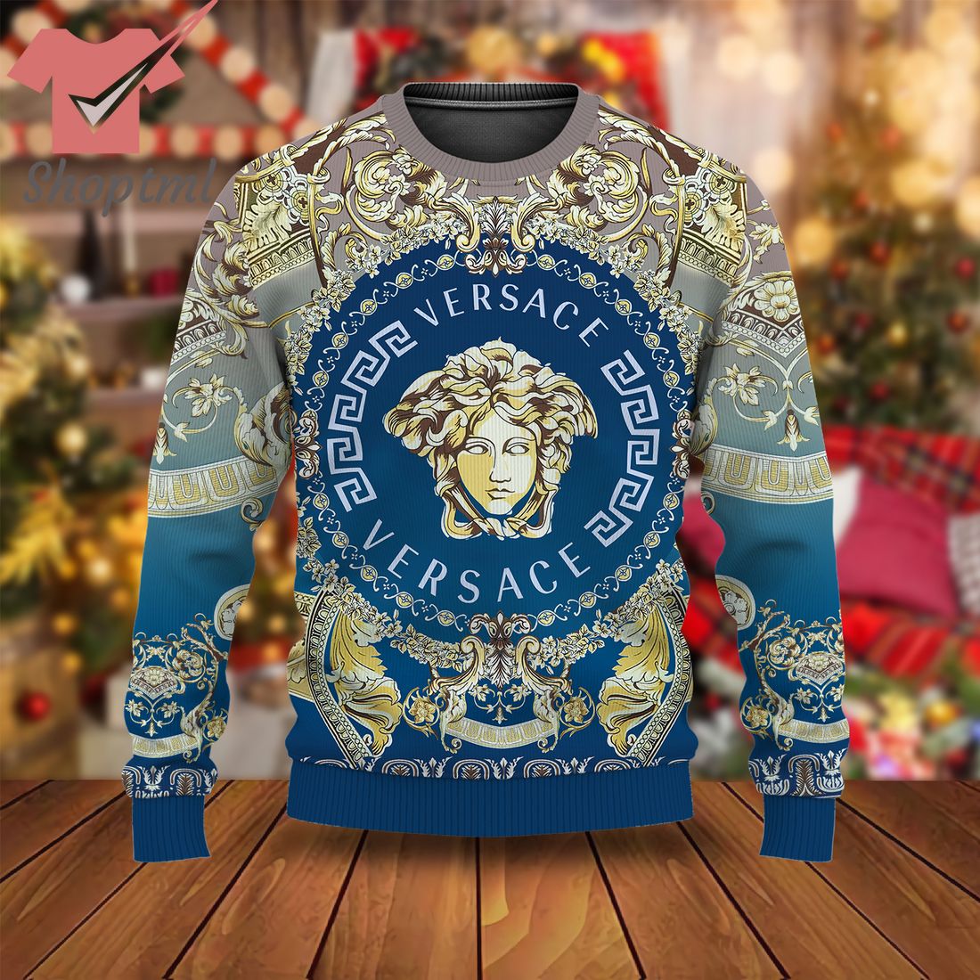 Versace Luxury Brand 2023 Blue Ugly Christmas Sweater