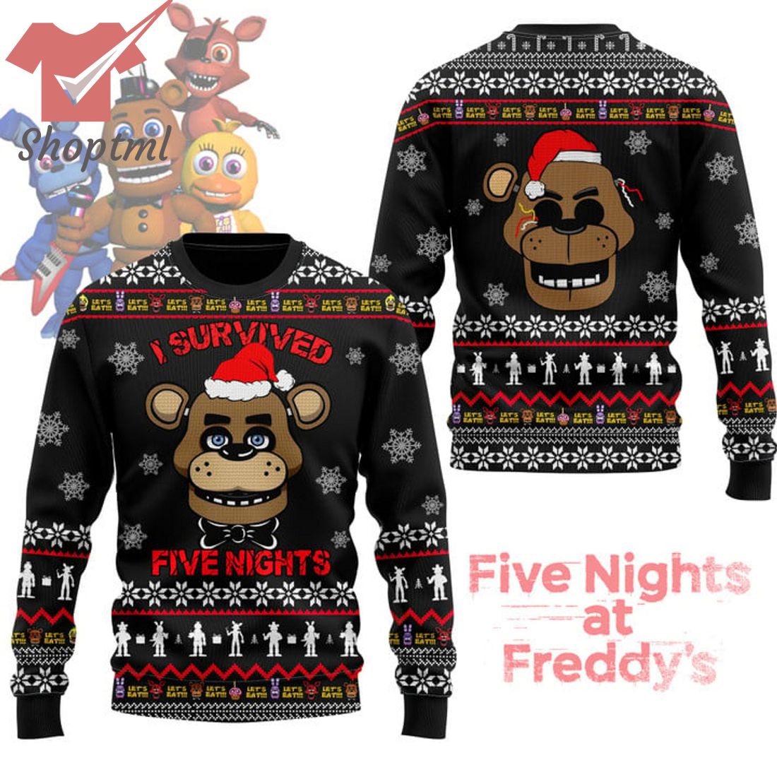5NAF Let's Eat I Survived Five Night's Santa Hat Ugly Christmas Sweater