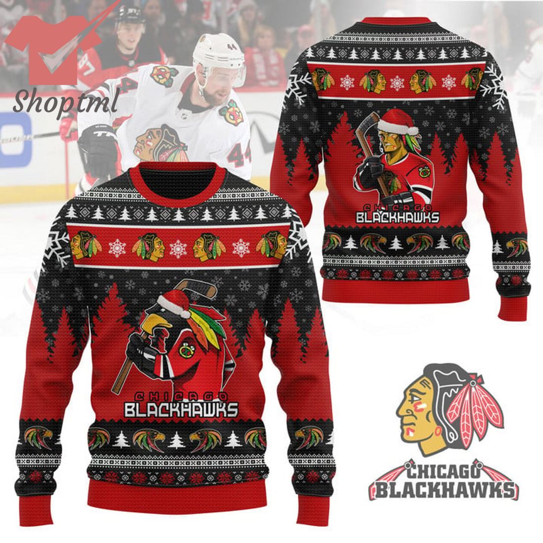 Chicago Blackhawks Tommy Hawk Mascot Ugly Christmas Sweater