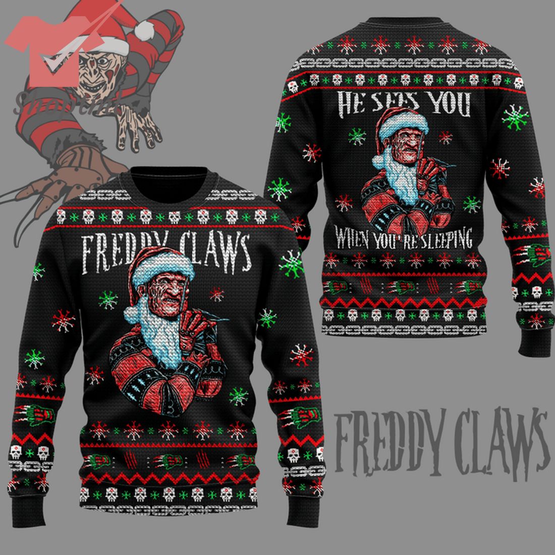 Freddy Krueger Claws He Sees You When You're Sleeping Ugly Christmas Sweater
