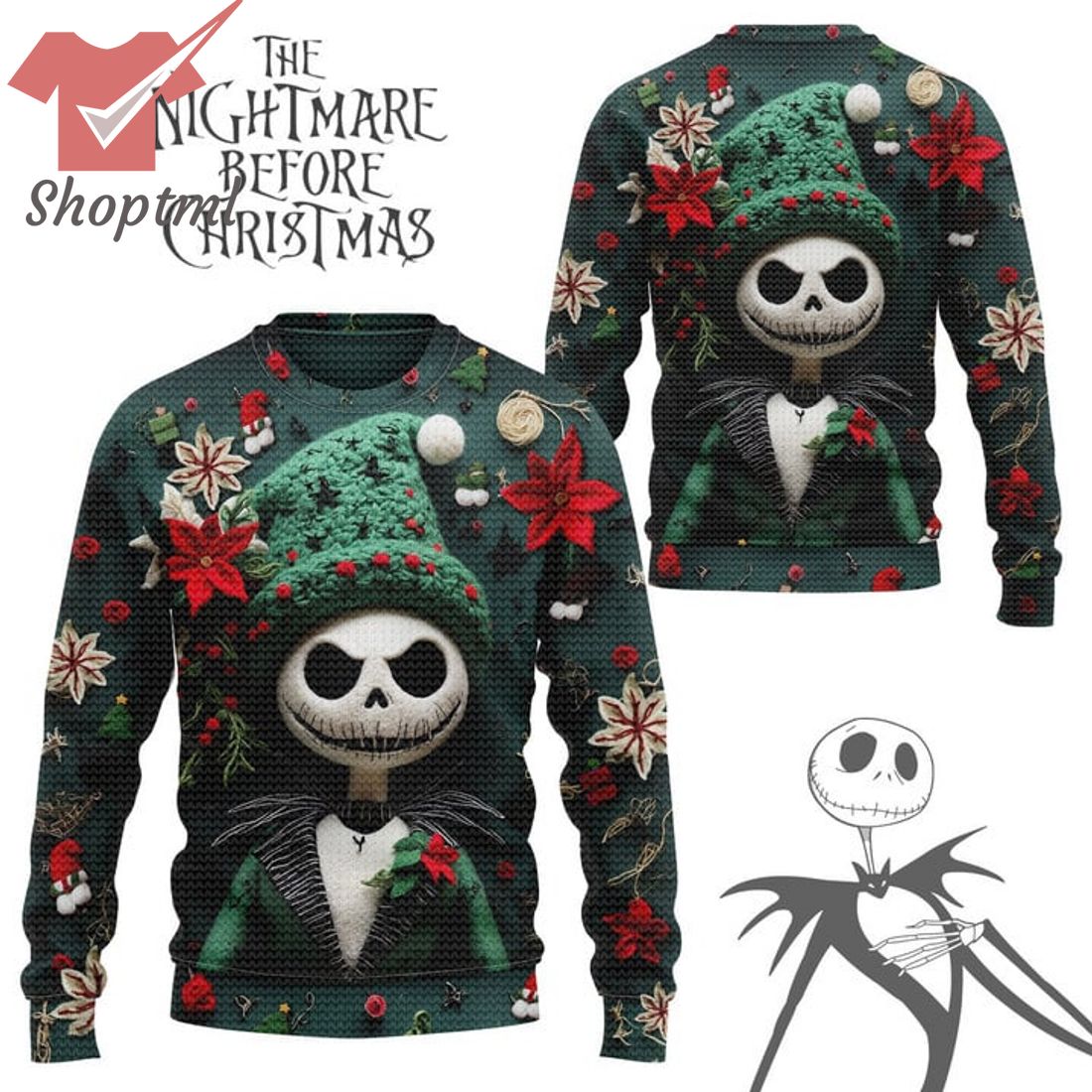 The Nightmare Before Christmas Jack Skellington Green Hat Santa Ugly Christmas Sweater